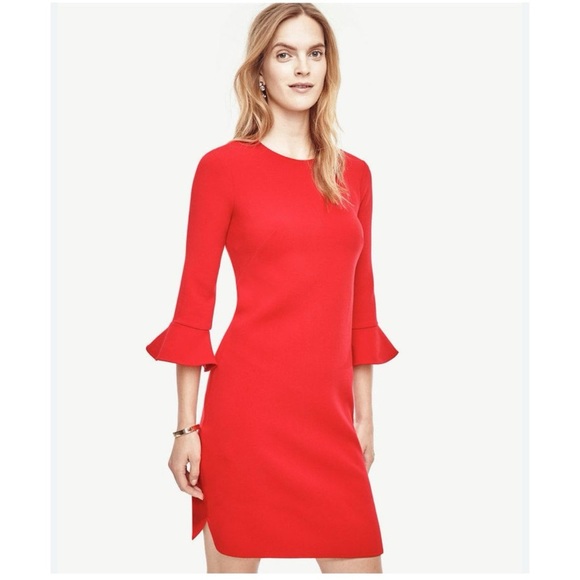 Ann Taylor Dresses & Skirts - Ann Taylor Fluted Bell Sleeve Red Sheath Dress Elegant Glam Womens Size 0 Petite